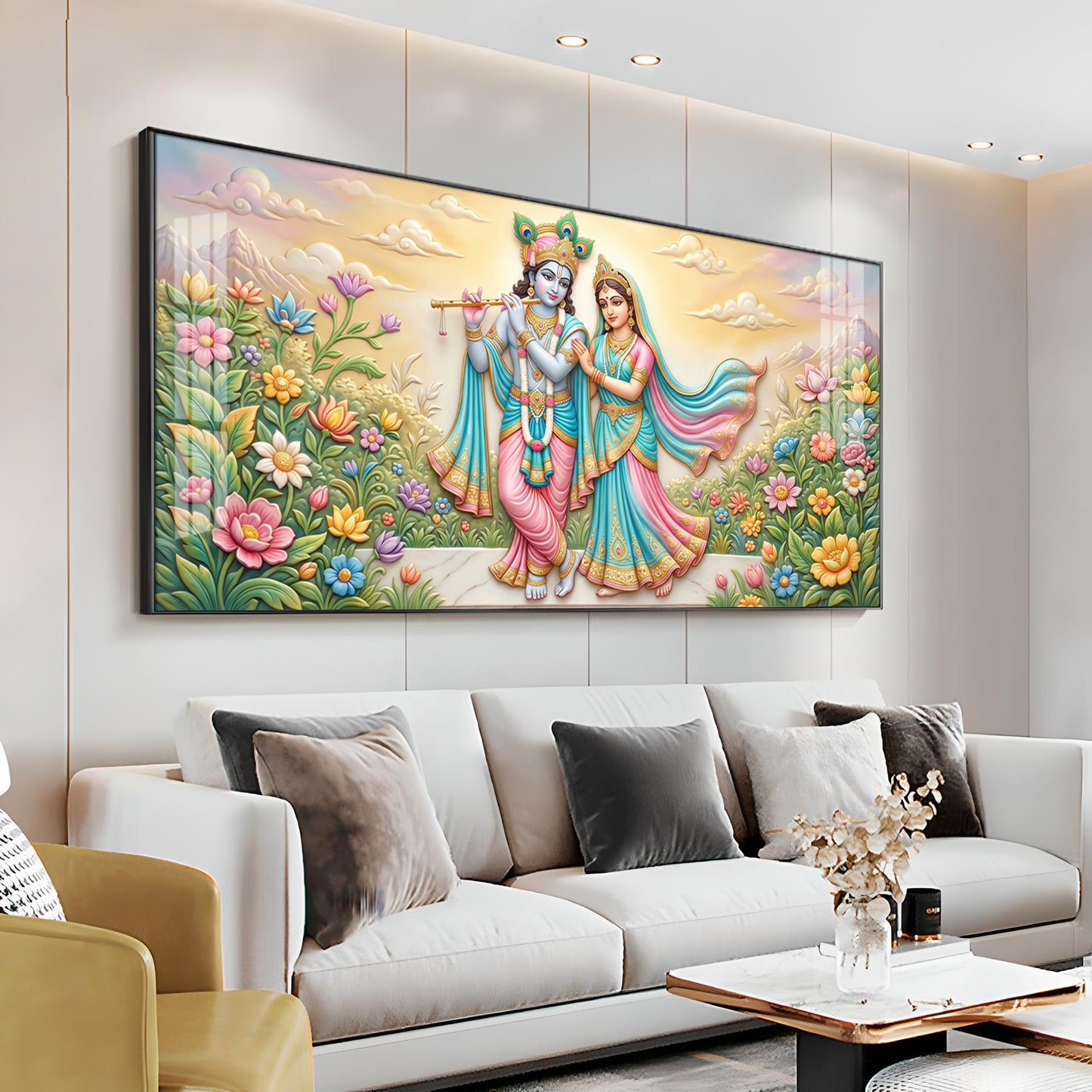 Krishna Playing The Flute Beside Radha Premium Acrylic Horizontal Wall Art