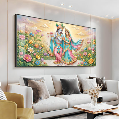 Krishna Playing The Flute Beside Radha Premium Acrylic Horizontal Wall Art
