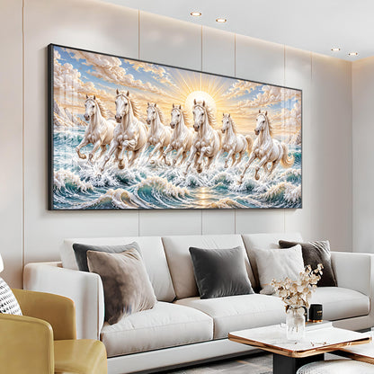 Majestic White Seven Running Horses Premium Acrylic Horizontal Wall Art