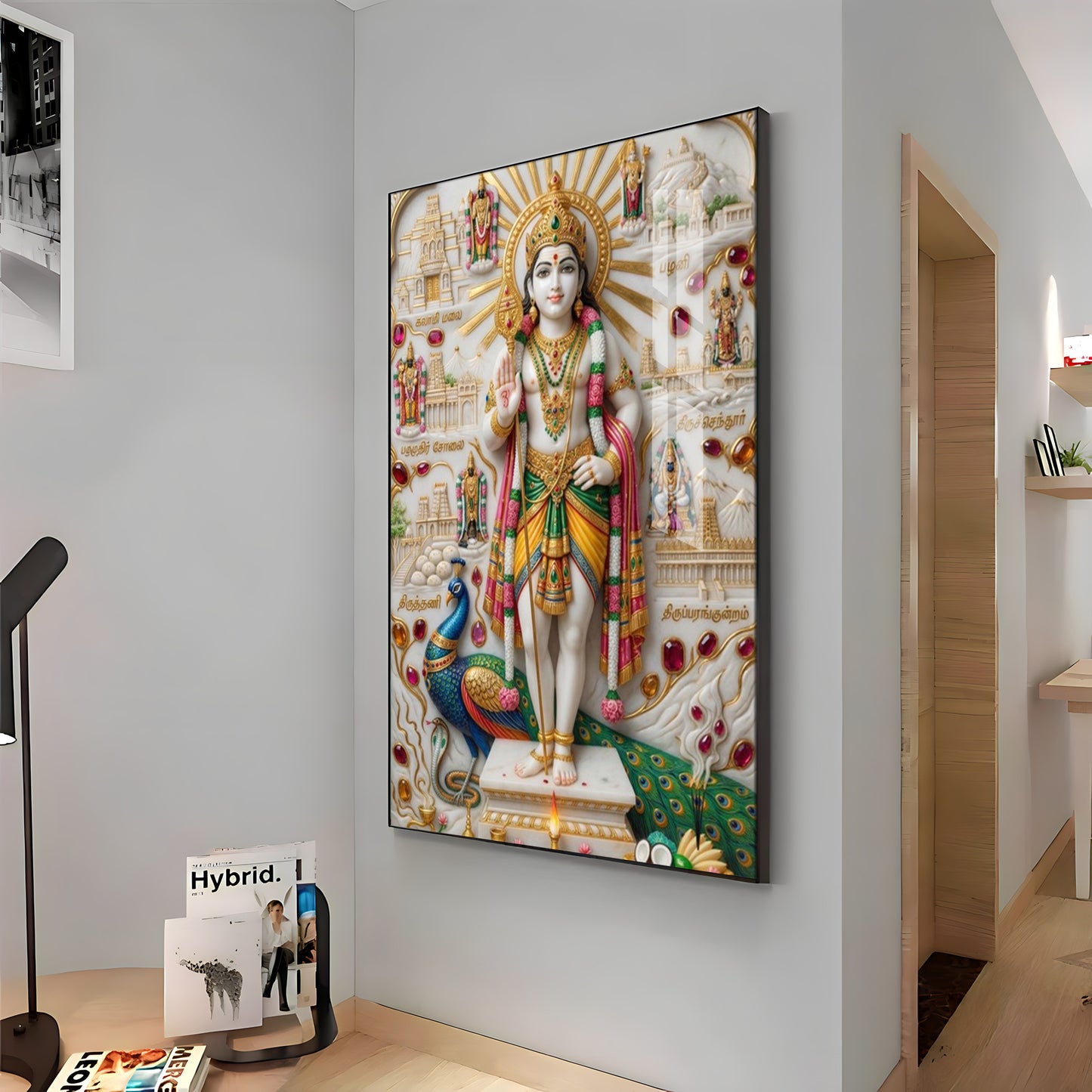 Lord Kartikeya With Peacock Premium Acrylic Vertical Wall Art