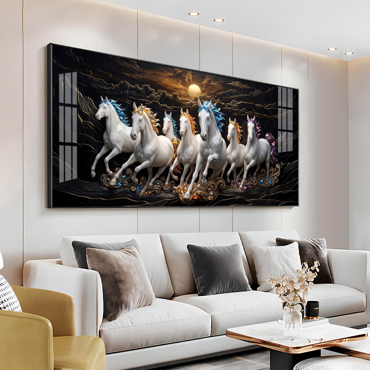 White Seven Running Vastu Lucky Horses Premium Acrylic Horizontal Wall Art