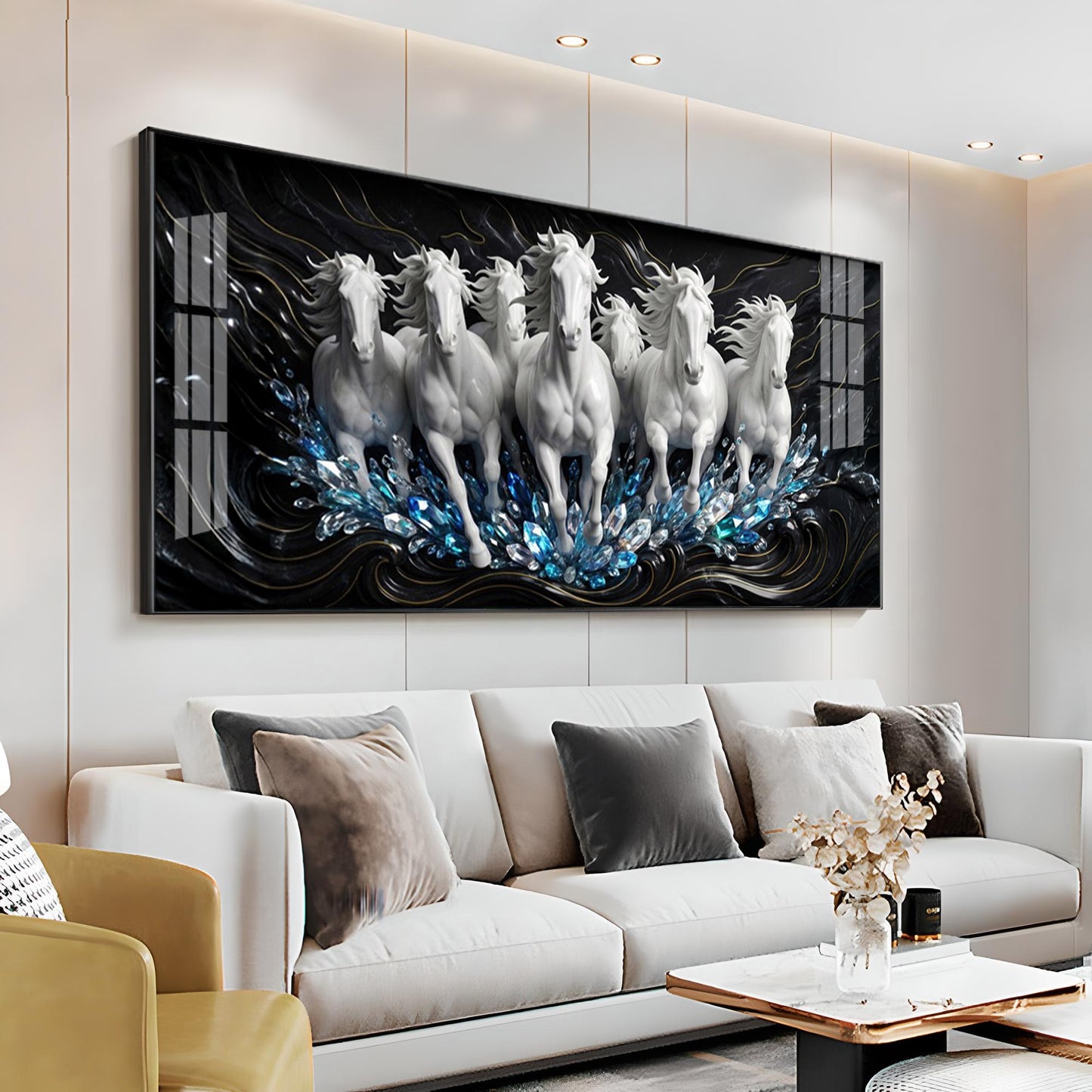 White Seven Running Horses Motivational Premium Acrylic Horizontal Wall Art