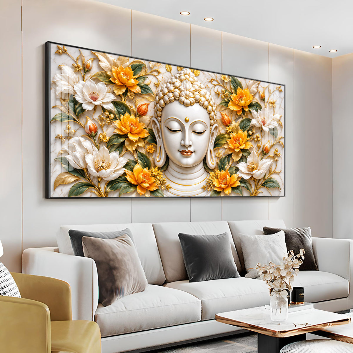 Buddha With Golden White Blossom Premium Acrylic Horizontal Wall Art