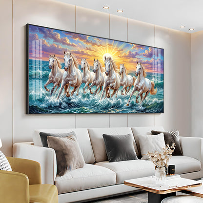 7 Running Horses Galloping Across Water Premium Acrylic Horizontal Wall Art