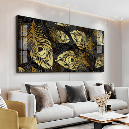 Black & Gold Feather Premium Acrylic Horizontal Wall Art