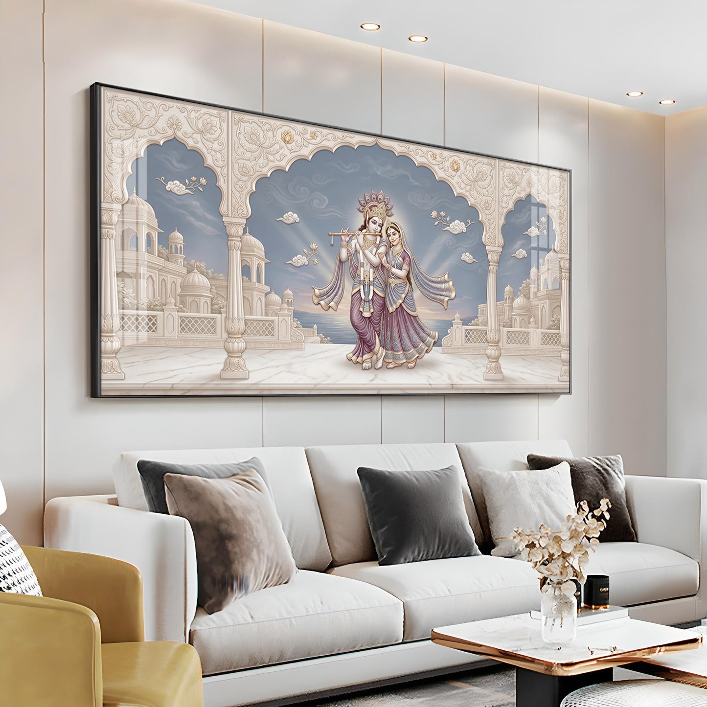 Shri Krishna Playing Flute With Radha Premium Acrylic Horizontal Wall Art