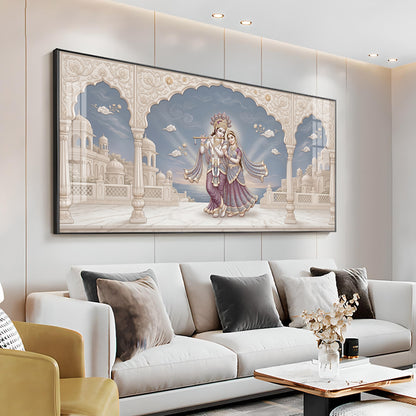 Shri Krishna Playing Flute With Radha Premium Acrylic Horizontal Wall Art