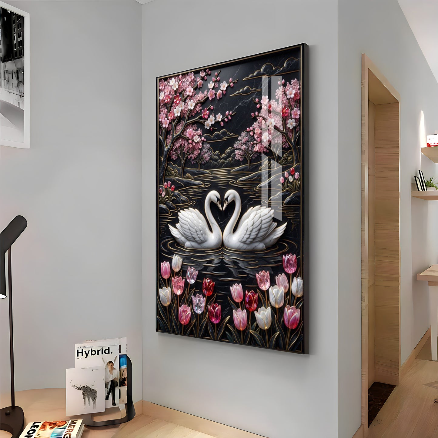 Swan Pair On A Pond Premium Acrylic Vertical Wall Art