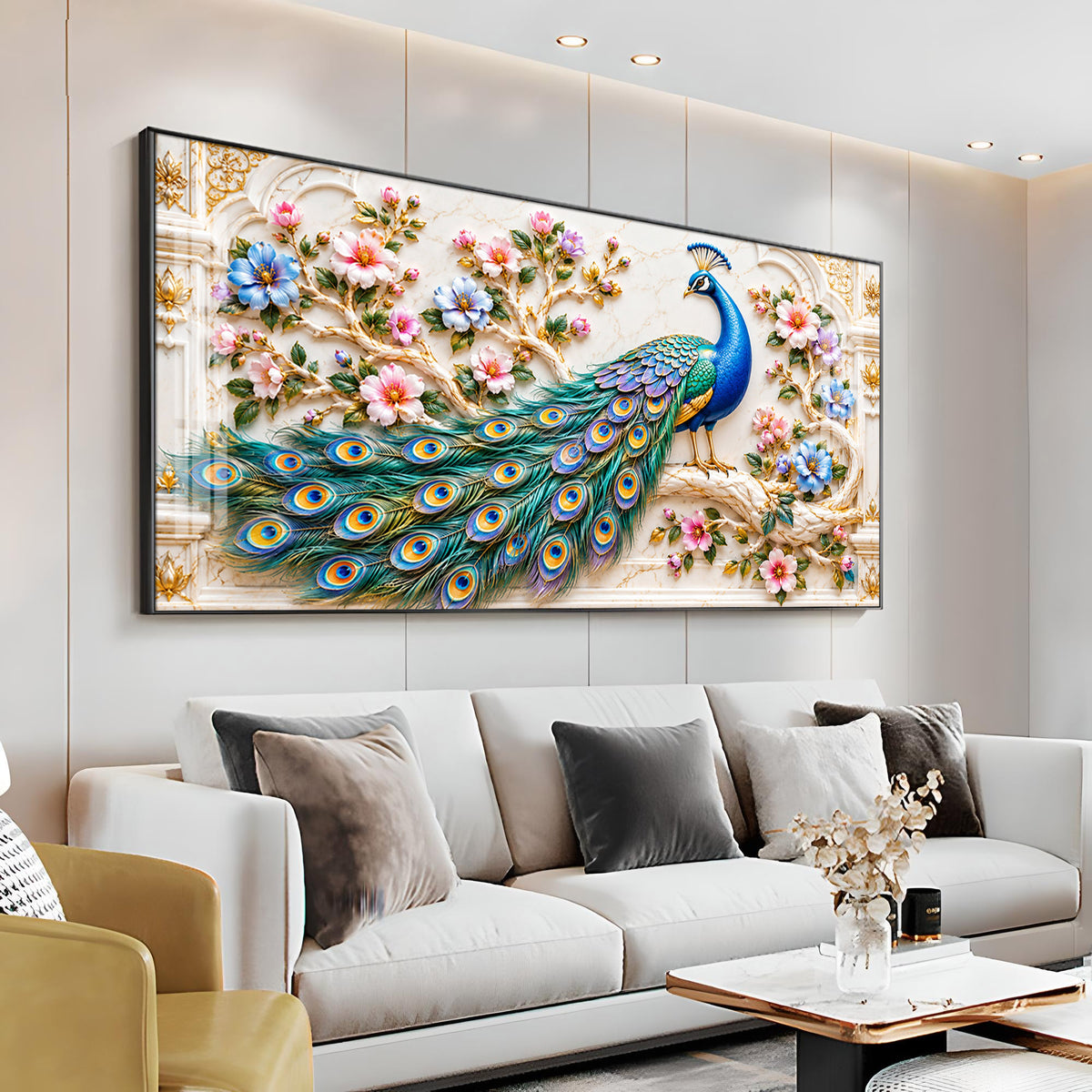 Majestic Peacock Floral Premium Acrylic Horizontal Wall Art