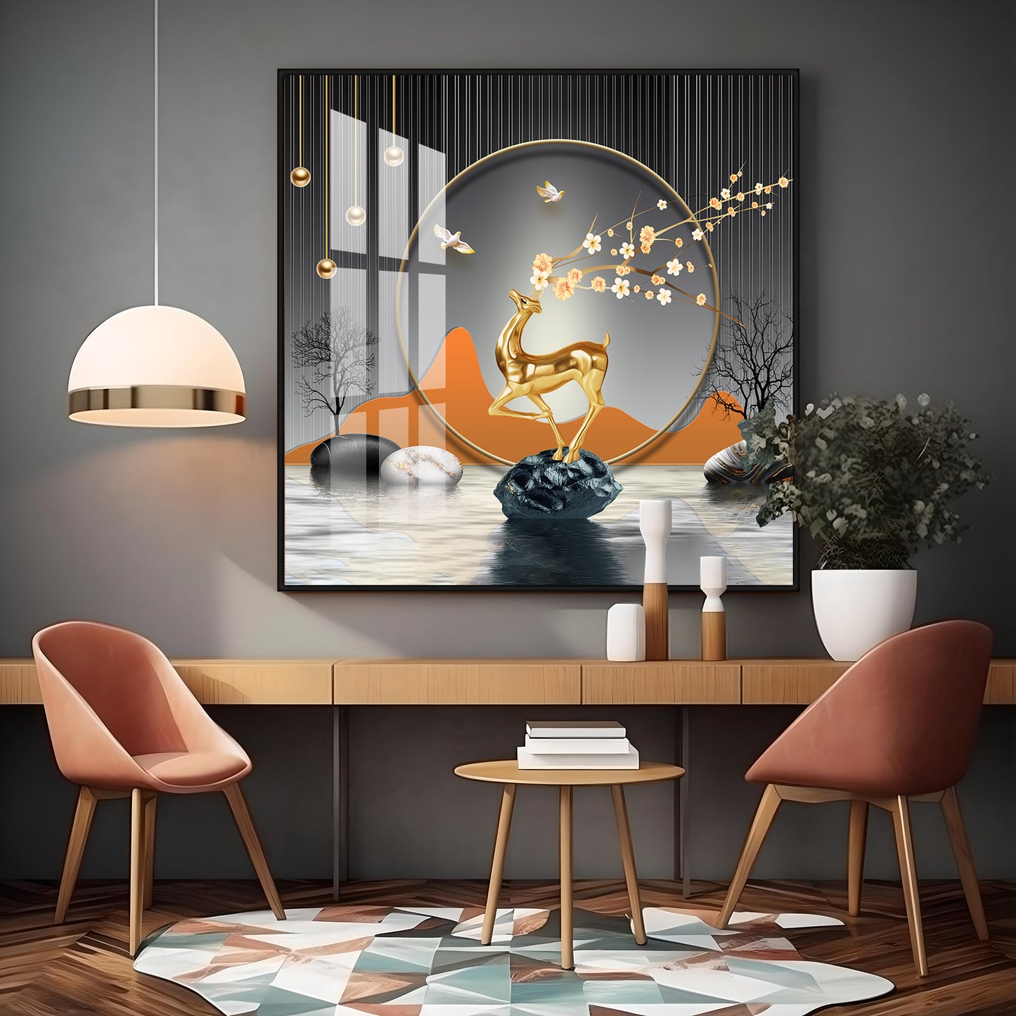 Golden Deer With Elegance Premium Acrylic Square Wall Art