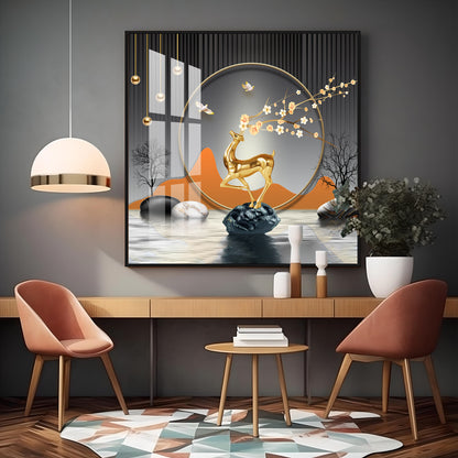 Golden Deer With Elegance Premium Acrylic Square Wall Art