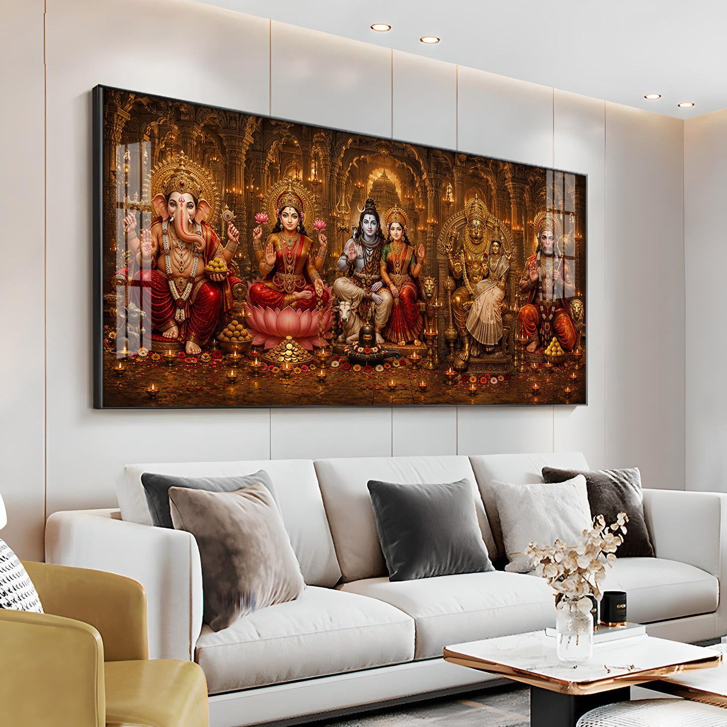 Ganesha, Lakshmi, Shiv Parvati, Narsing Dev,& Hanuman Ji Premium Acrylic Horizontal Wall Art