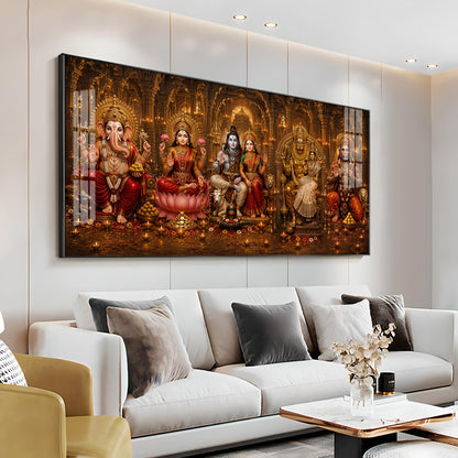 Ganesha, Lakshmi, Shiv Parvati, Narsing Dev,& Hanuman Ji Premium Acrylic Horizontal Wall Art