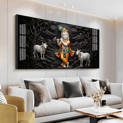 Lord Krishna With Cows Premium Acrylic Horizontal Wall Art