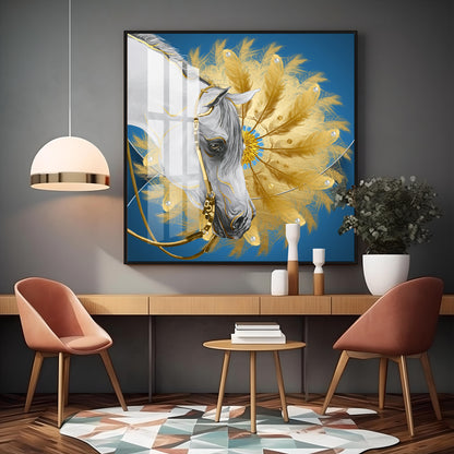 White Horse With Golden chakra Premium Acrylic Square Wall Art
