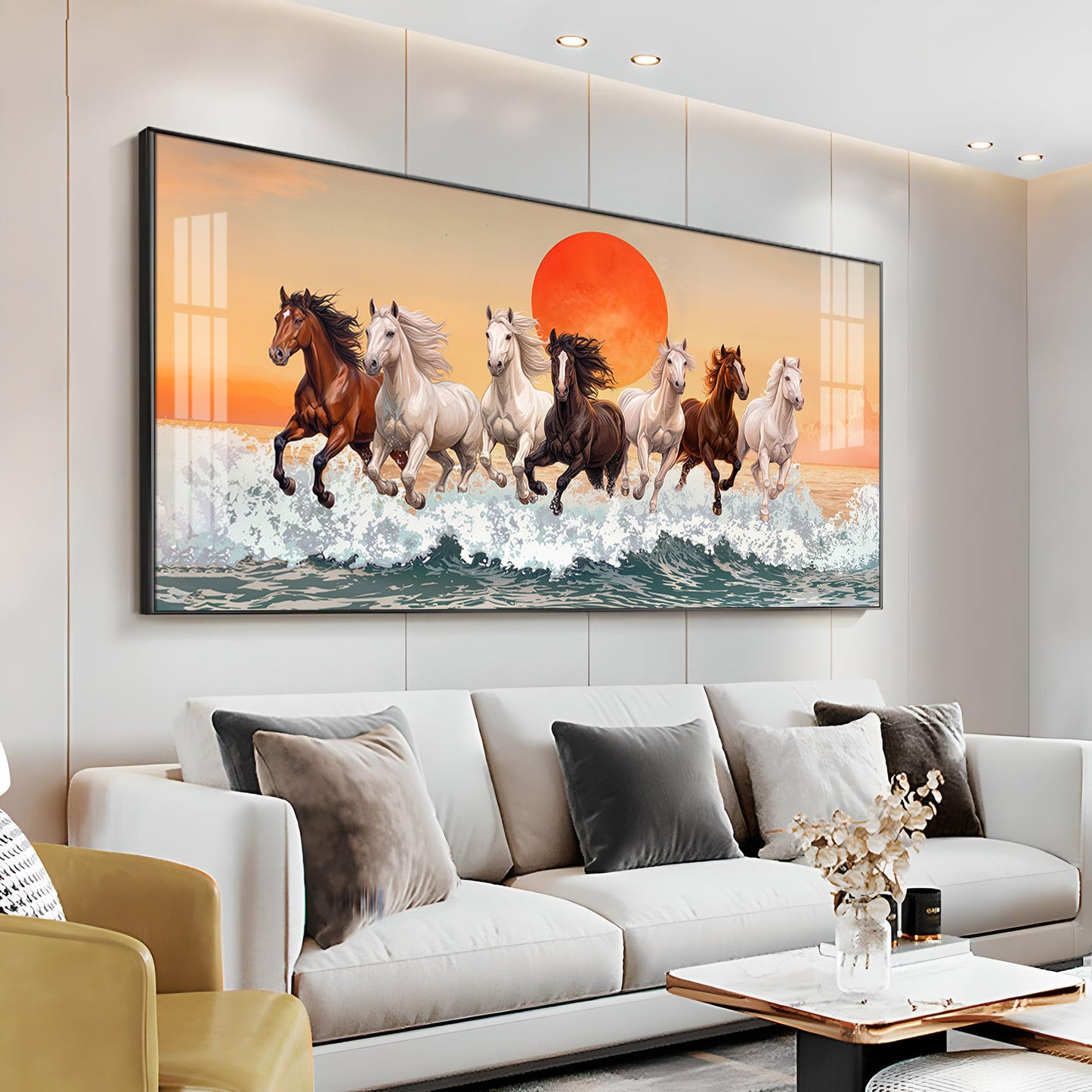 Seven Horses Glloping Across Ocean Premium Acrylic Horizontal Wall Art