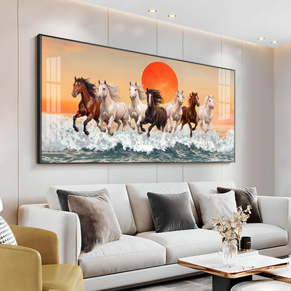 Seven Horses Glloping Across Ocean Premium Acrylic Horizontal Wall Art