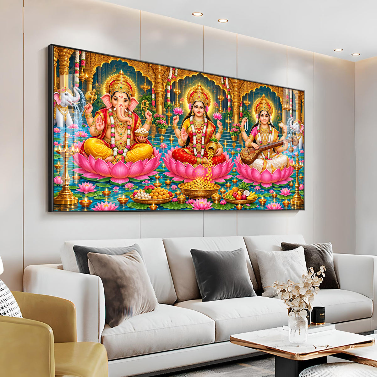Divine Lord Ganesha, Goddess Lakshmi, and Goddess Saraswati Premium Acrylic Horizontal Wall Art