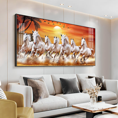 7 White Running Horses in The Sea With Sunrise Premium Acrylic Horizontal Wall Art