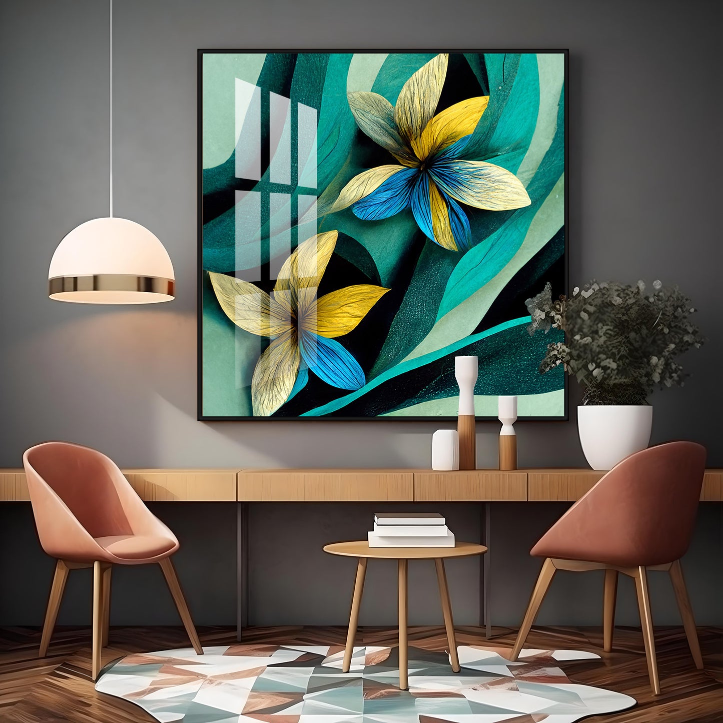 Teal and Yellow Abstract Flower Premium Acrylic Square Wall Art