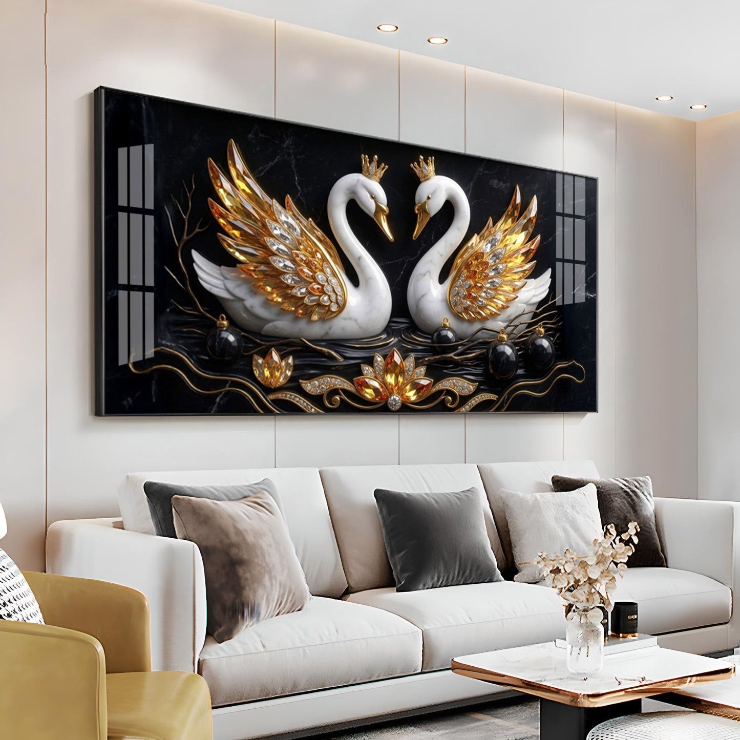 Golden Elegance Swans Premium Acrylic Horizontal  Wall Art