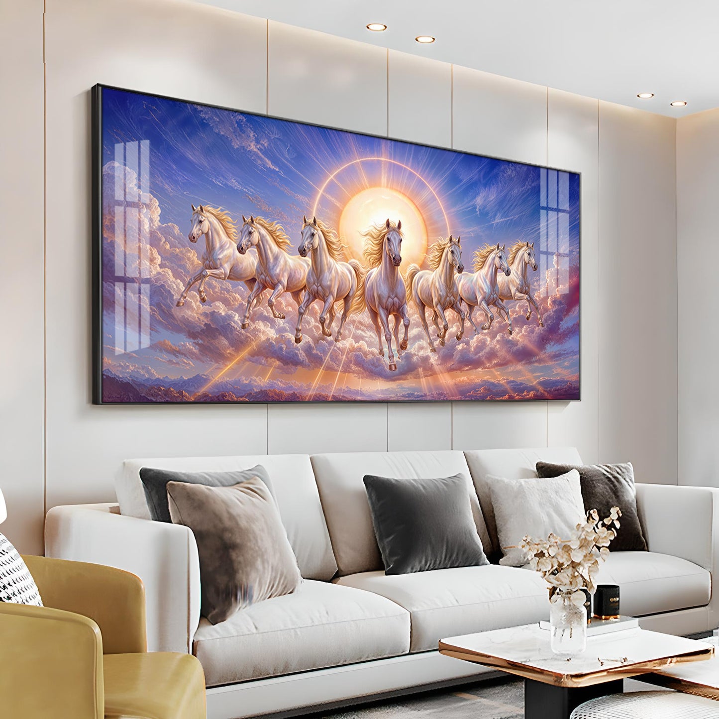 Seven Galloping White Horses Premium Acrylic Horizontal Wall Art