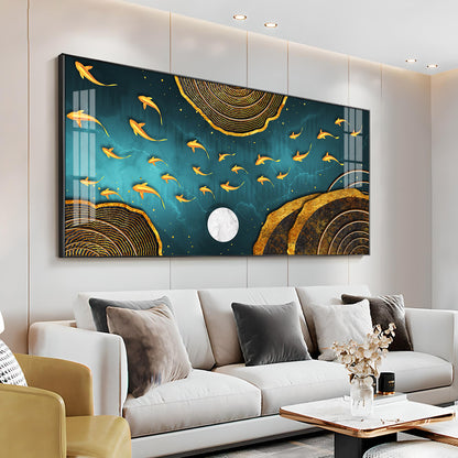 Features Golden Koi Fish Premium Acrylic Horizontal Wall Art