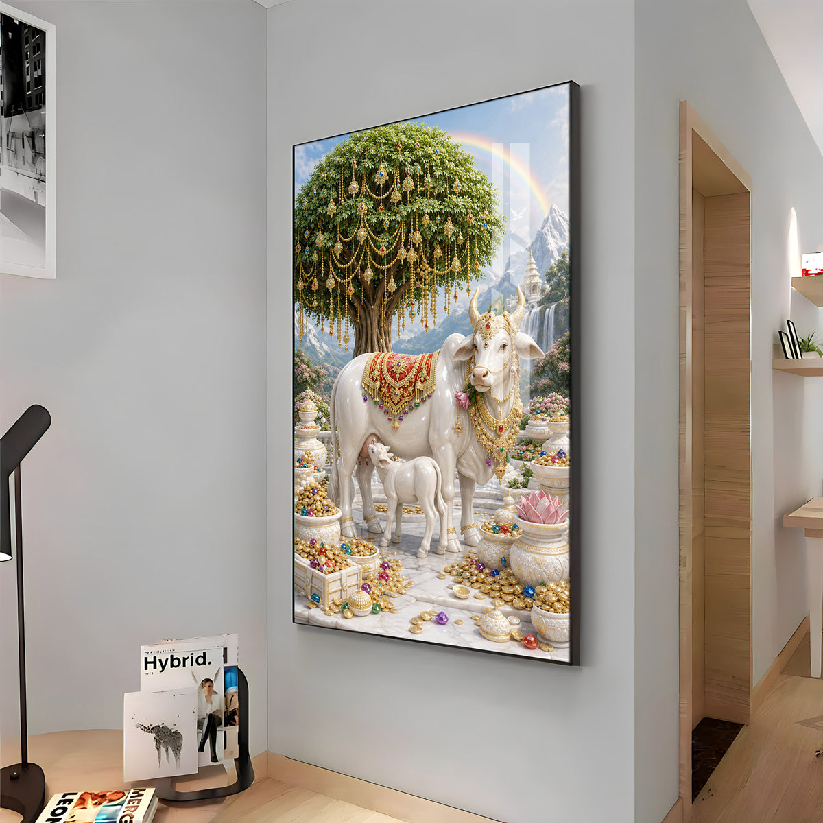 Divine Wish Fulfilling Tree & Kamadhenu Premium Acrylic Vertical Wall Art