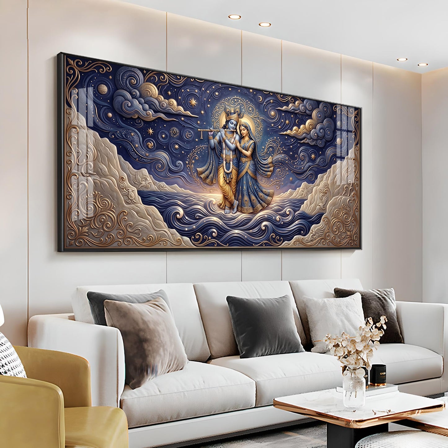 Radha Krishna Depicted In A Celestial Blue Premium Acrylic Horizontal Wall Art
