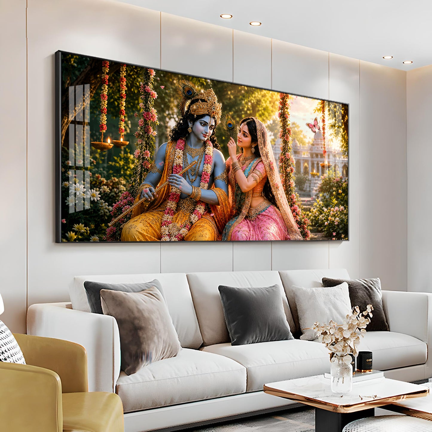 Krishna With Radha Seated Together Premium Acrylic Horizontal Wall Art