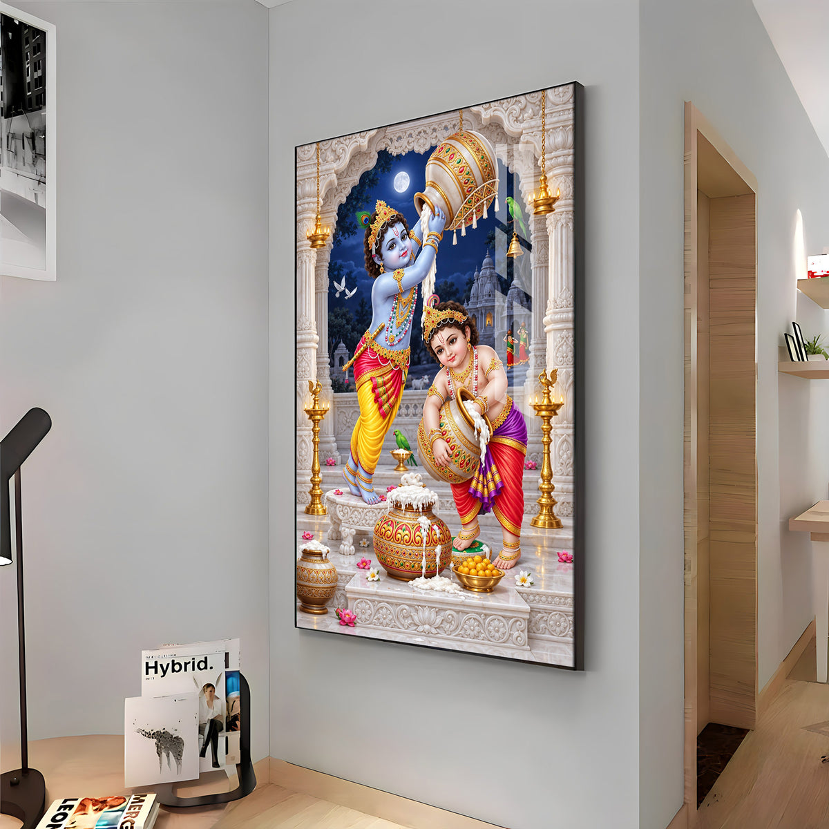 Little Krishna Balaram Makhan Chori Premium Acrylic Vertical Wall Art