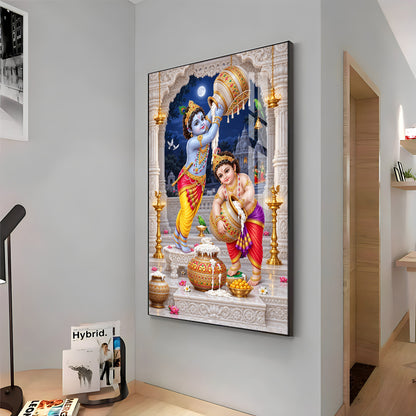 Little Krishna Balaram Makhan Chori Premium Acrylic Vertical Wall Art