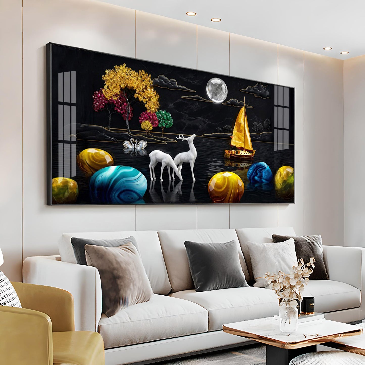 Rustic Serenity With Deer on the Lake Premium Acrylic Horizontal Wall Art