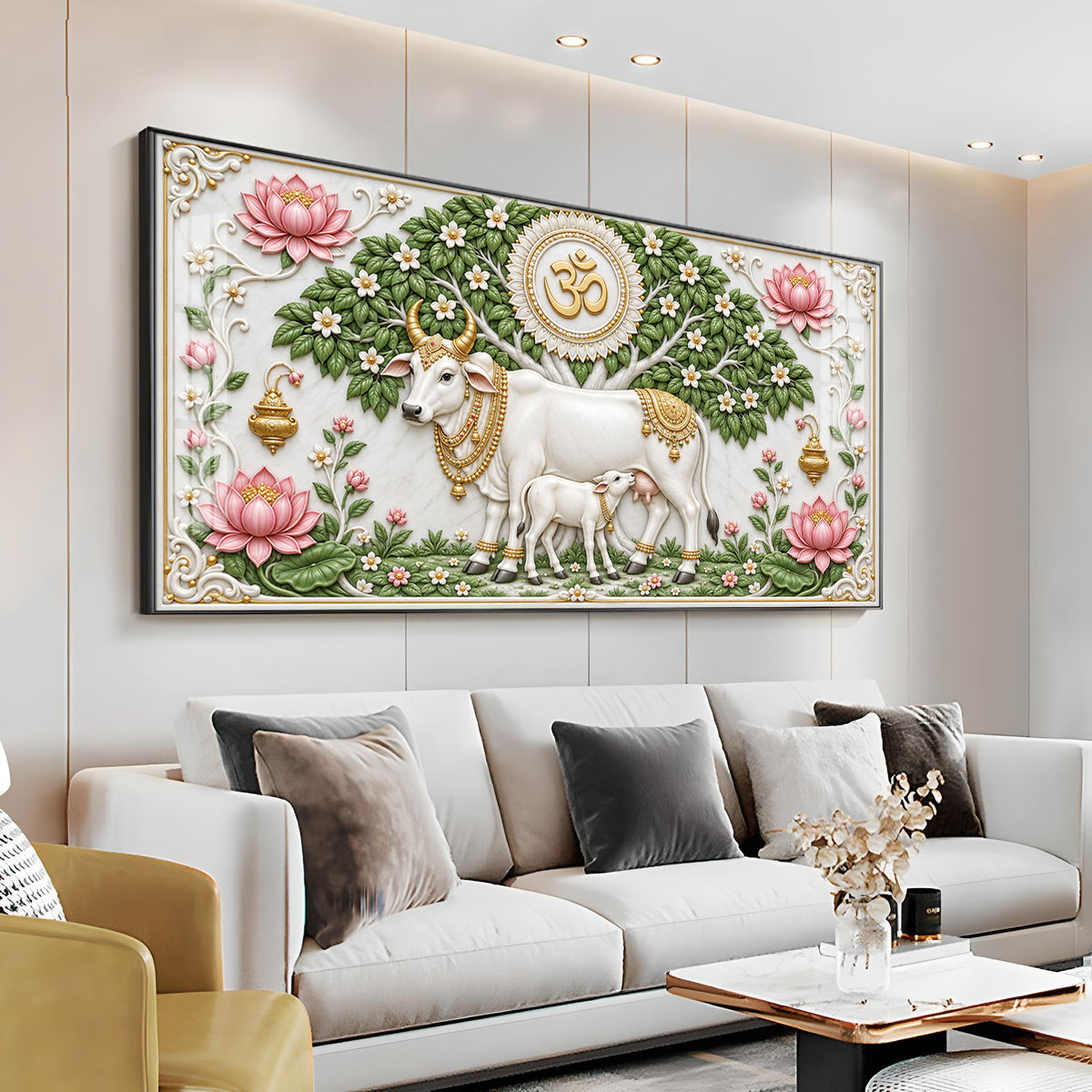 Sacred Kamdhenu Cow Calf Premium Acrylic Horizontal Wall Art