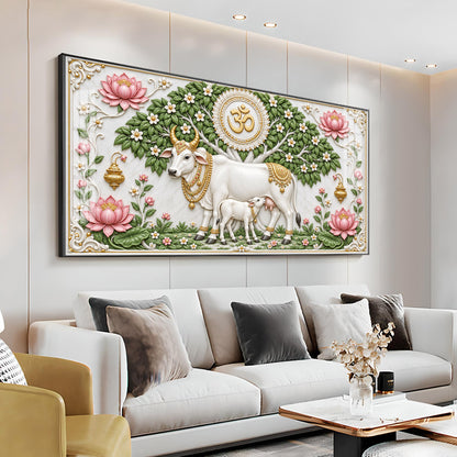 Sacred Kamdhenu Cow Calf Premium Acrylic Horizontal Wall Art