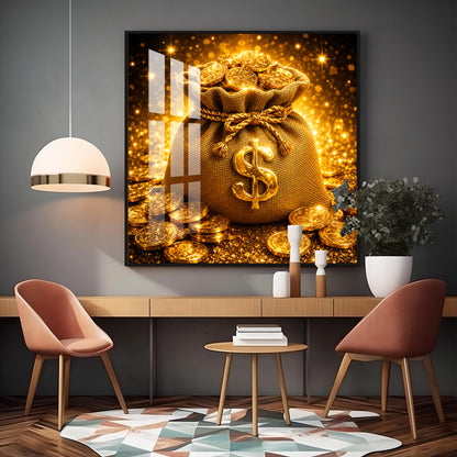 Golden Money Bag Premium Acrylic Square Wall Art