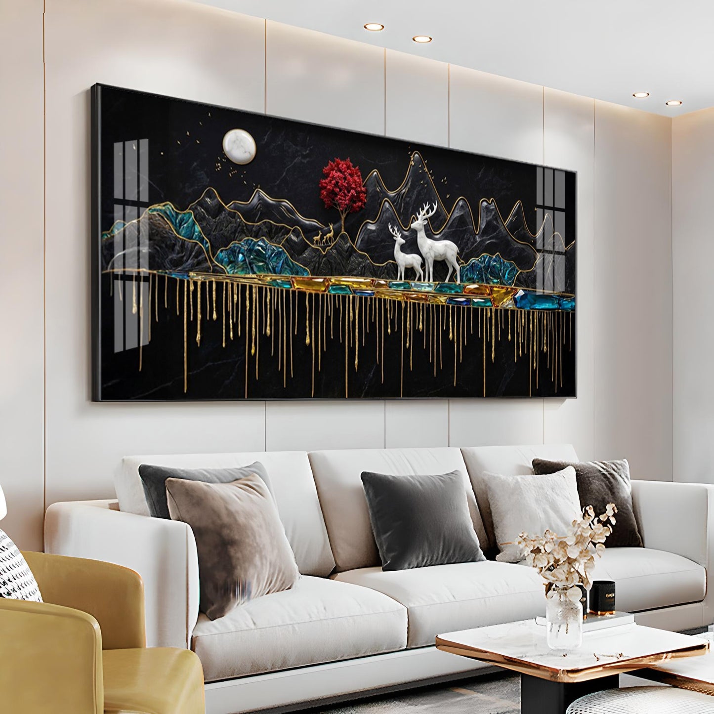 Nature's Gold With Deer in the Mountains Premium Acrylic Horizontal Wall Art