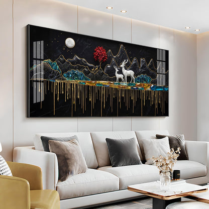 Nature's Gold With Deer in the Mountains Premium Acrylic Horizontal Wall Art