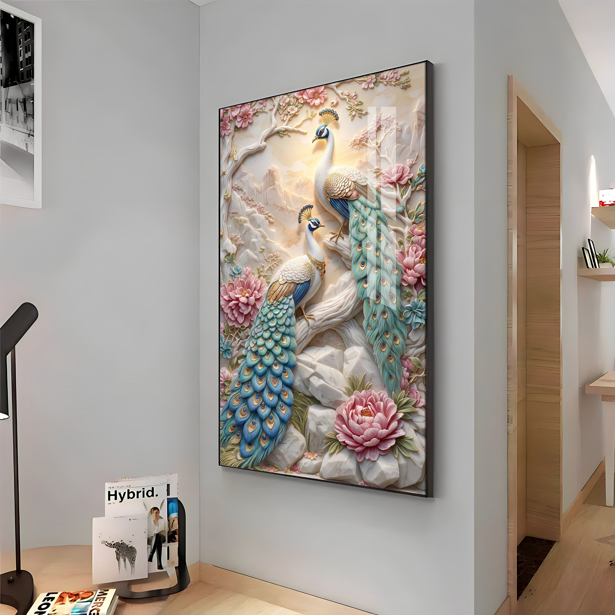 Stylist Peacock and Floral Design Premium Acrylic Vertical Wall Art