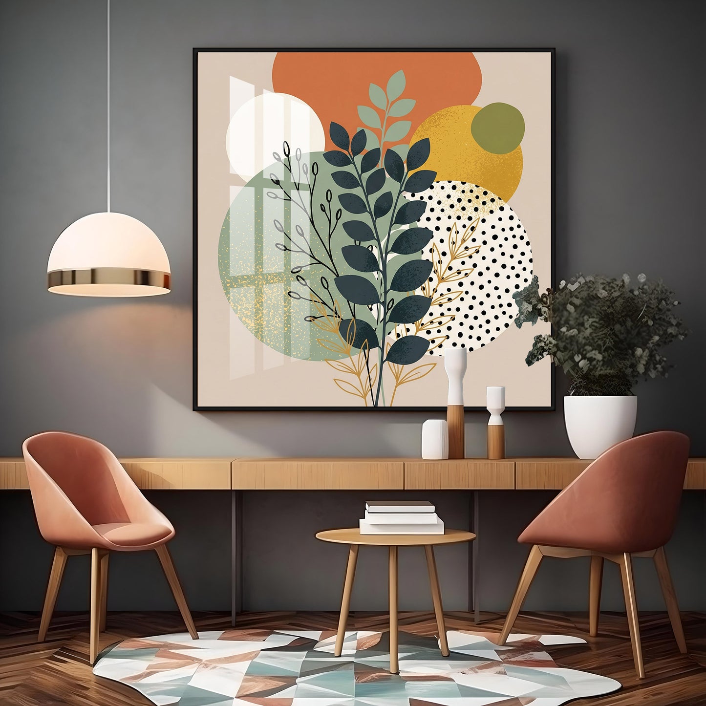 Leafy Branches Geometric Shapes Premium Acrylic Square Wall Art