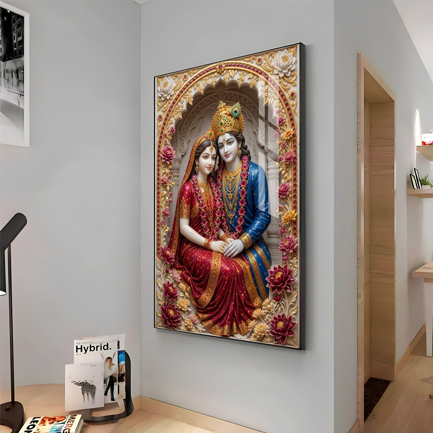 Depiction Of Radha Krishna Seated Together Premium Acrylic Vertical Wall Art