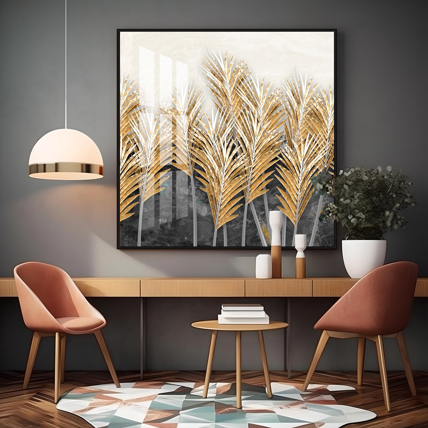 Golden Leafs Plant Premium Acrylic Square Wall Art