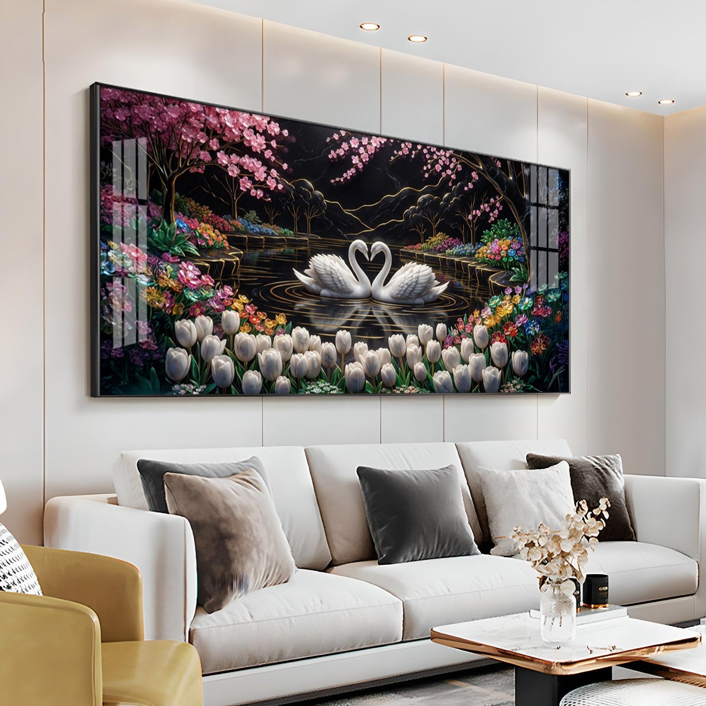 Romantic Swan Lake Love Birds Premium Acrylic Horizontal Wall Art