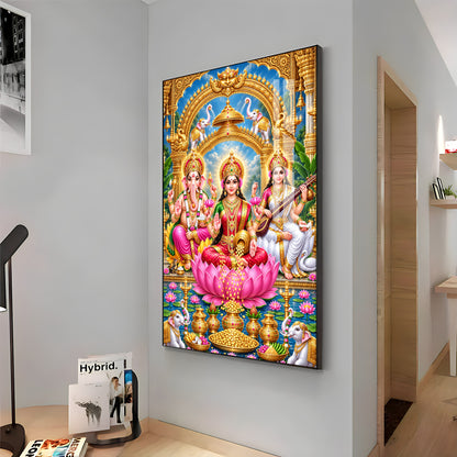 Divine Goddess Lakshmi, Lord Ganesha and Goddess Saraswati Premium Acrylic Vertical Wall Art