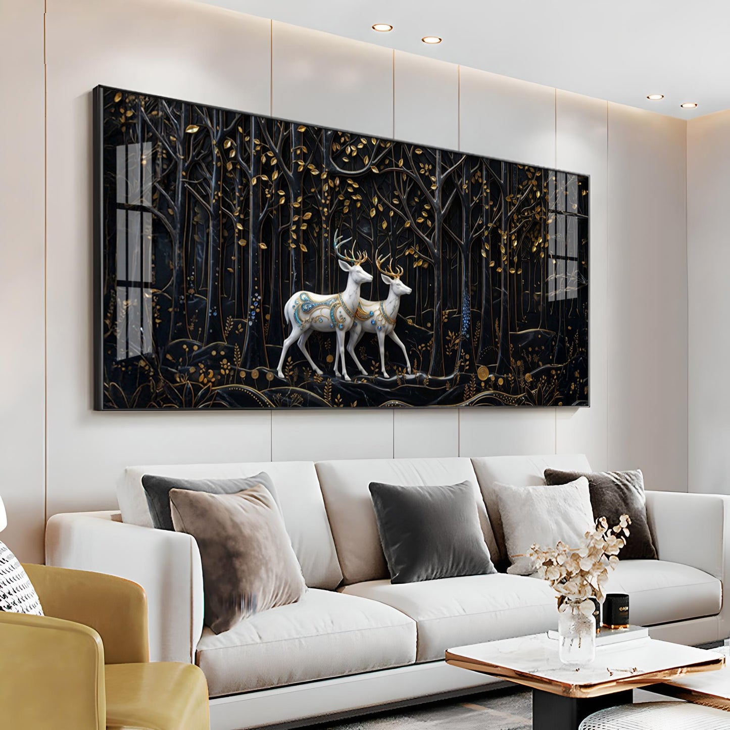 Two White Deer In A Black Forest Premium Acrylic Horizontal Wall Art
