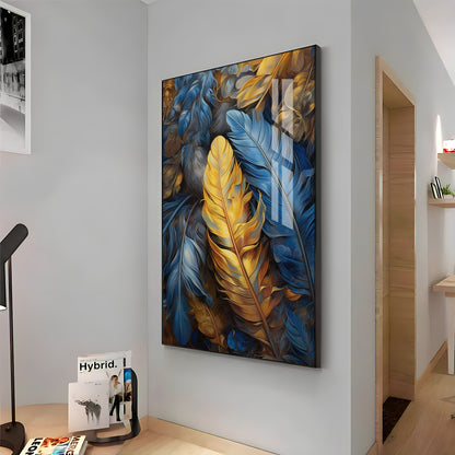 Blue & Yellow Feathers Premium Acrylic Vertical Wall Art
