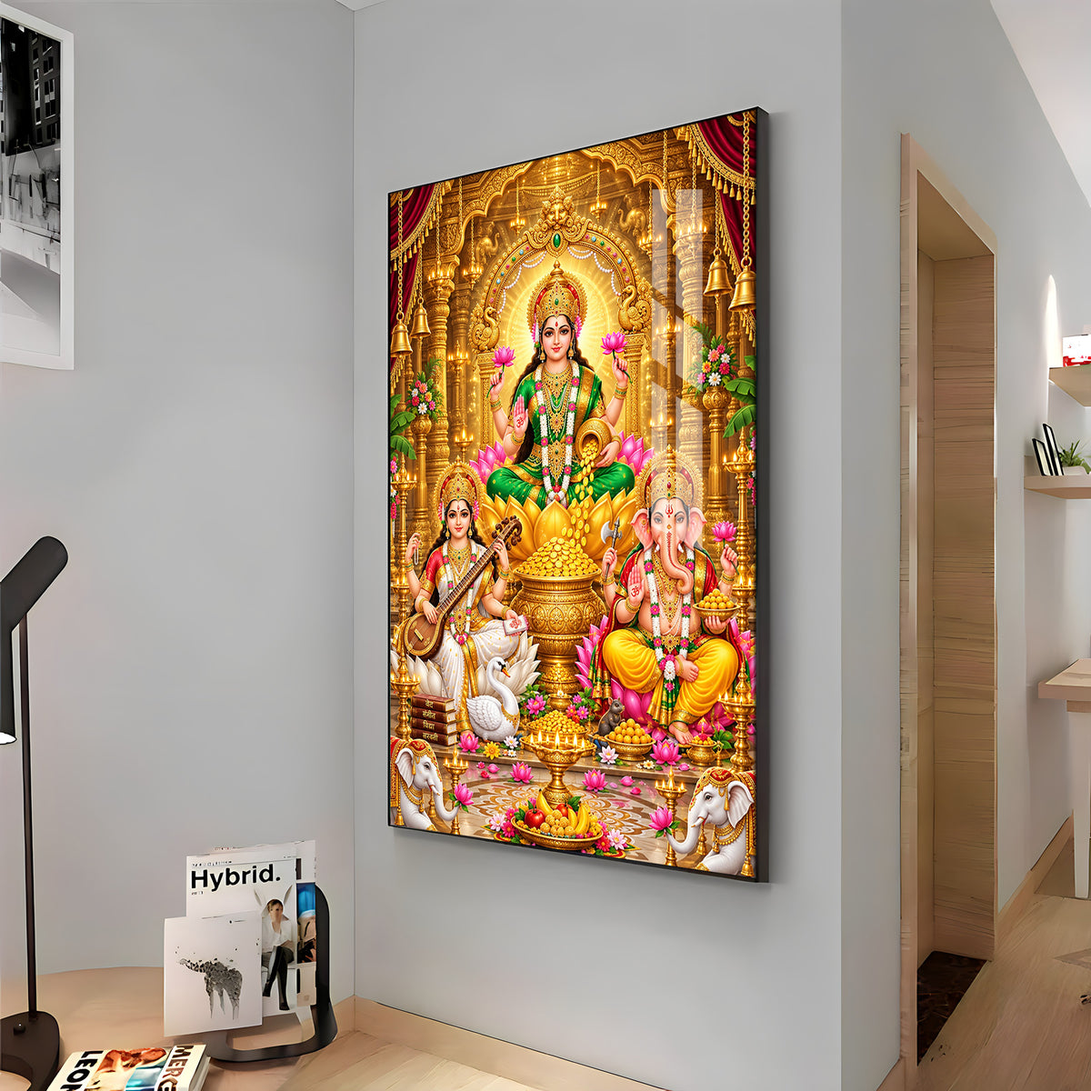 Divine Maa Laxmi, Maa Saraswati & Ganesh Ji Premium Acrylic Vertical Wall Art