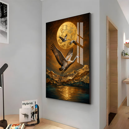 Golden Moon & Flying Cranes Premium Acrylic Vertical Wall Art