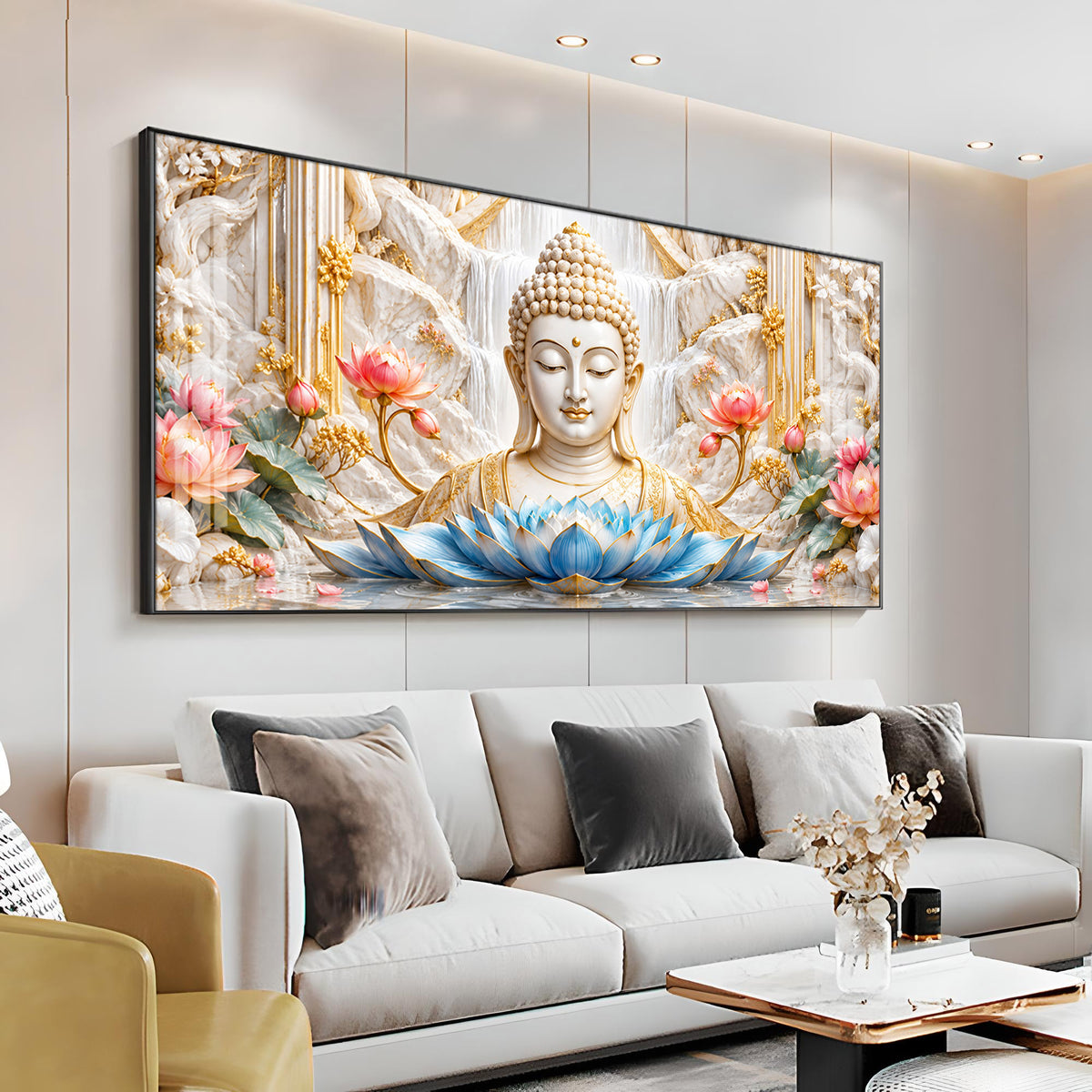 Buddha With Blue Lotus Premium Acrylic Horizontal Wall Art
