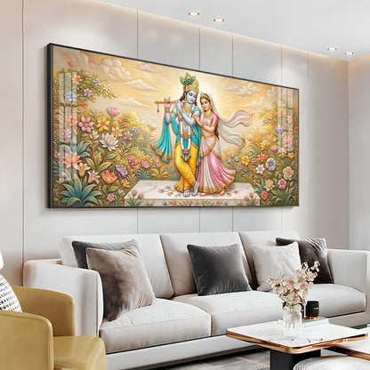 Radha Krishna Surrounded By Flowers Premium Acrylic Horizontal Wall Art